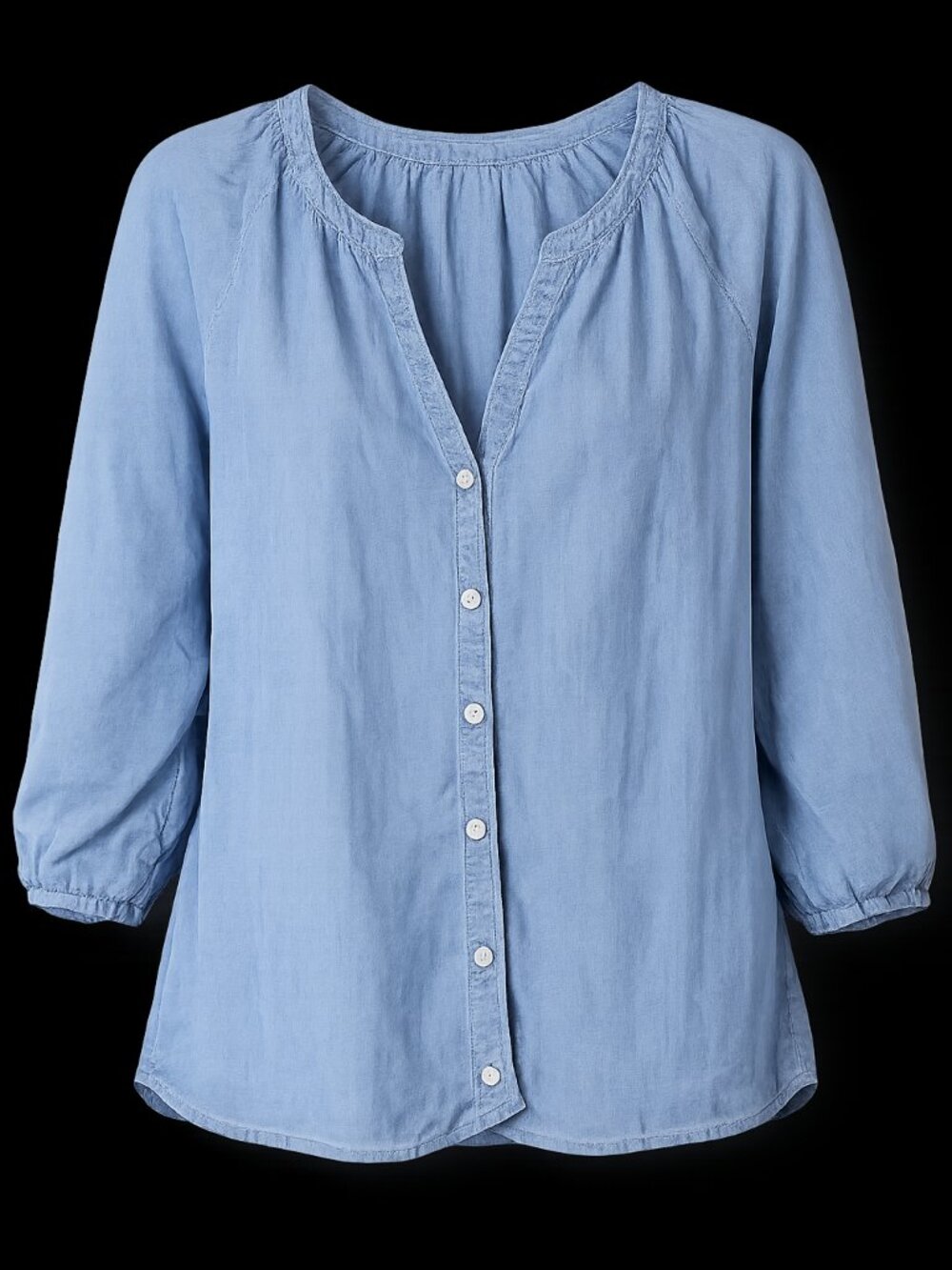 Levi's Chambray Peasant Blouse Med Blue 100% Cotton Button Front 3/4 Sleeve Boho